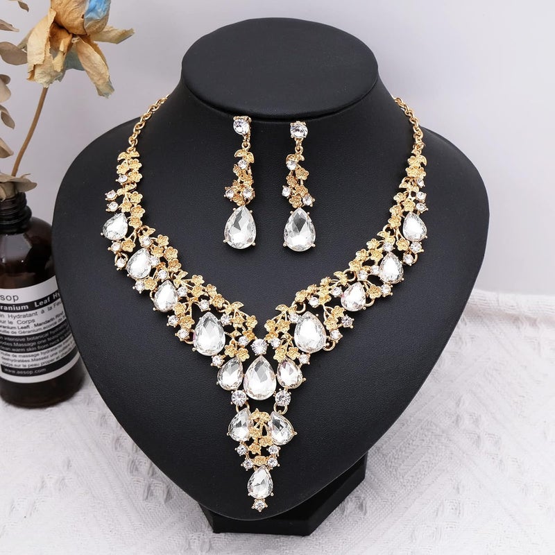 CSY Elegant Crystal Costume Jewelry Sets Flower Bridal Necklace Earrings Stretch Bangle Set for Bride Bridesmaid Wedding Dress Accessories - Image 4